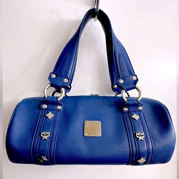 MCM Blue Leather Logo Boston Bag 12” x 7” Excellent Condition!! - Picture 3 of 12